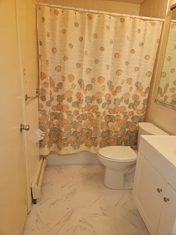 a white toilet sitting next to a shower
