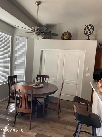 a view of a dining room with furniture