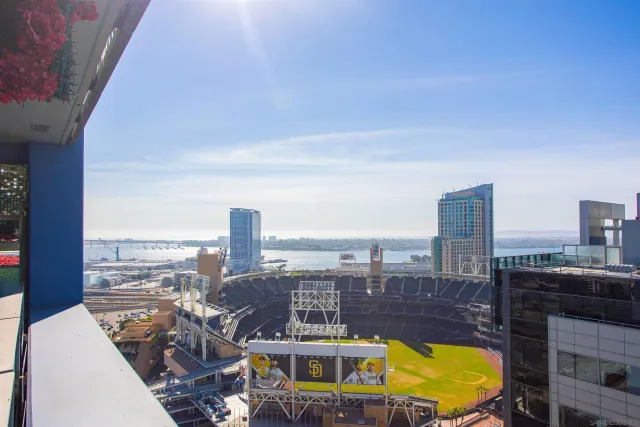 a view of a city with tall buildings