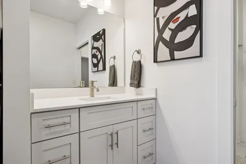 a bathroom with a sink and a mirror