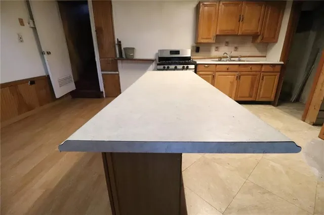 a kitchen with a sink a stove and a refrigerator