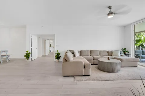 a living room with furniture and a potted plant