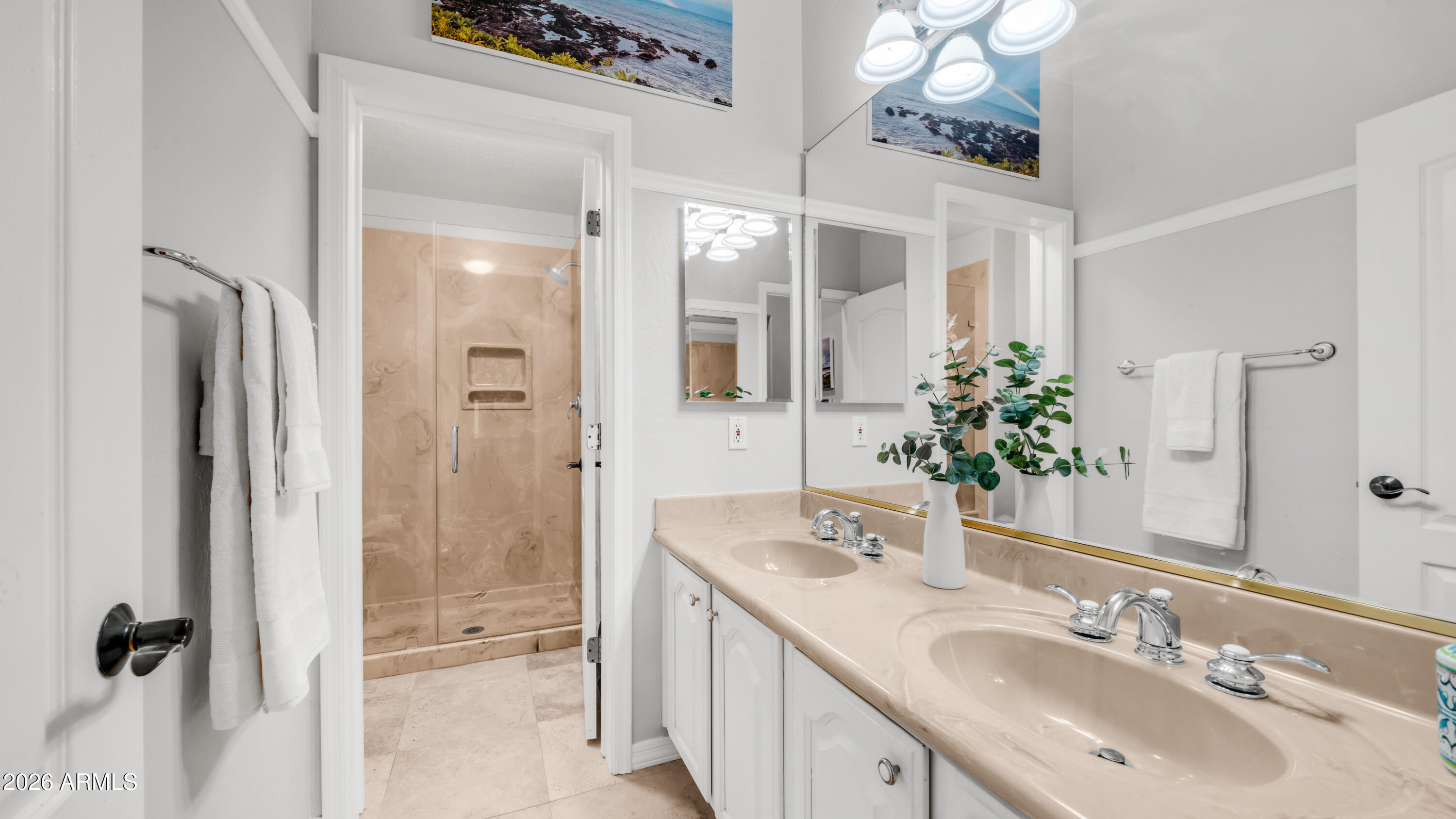4055 North Recker Road, Unit 50 Mesa, AZ 85215 - Photo 41 of 77 a bathroom with a granite countertop shower sink and mirror