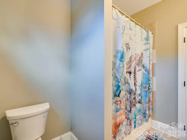 a white toilet sitting next to a shower curtain