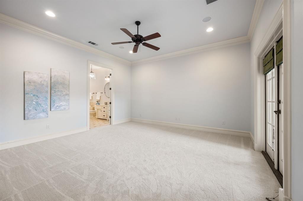 61 Piazza Lane Colleyville, TX 76034 - Photo 33 of 40 Upstairs Second Primary bedroom option featuring light carpet, ornamental molding, ceiling fan, ensuite bath, and recessed lighting