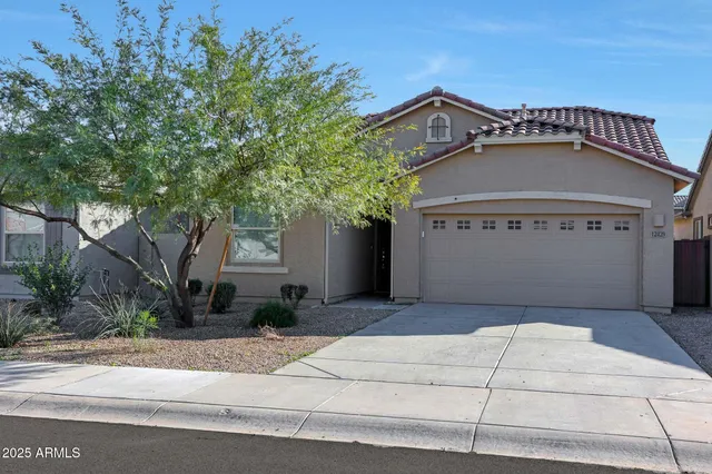 a front view of a house with a yard and garage