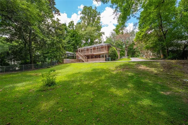a view of a yard with plants and a tree
