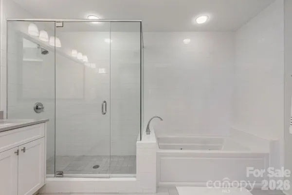a bathroom with a shower and a bath tub