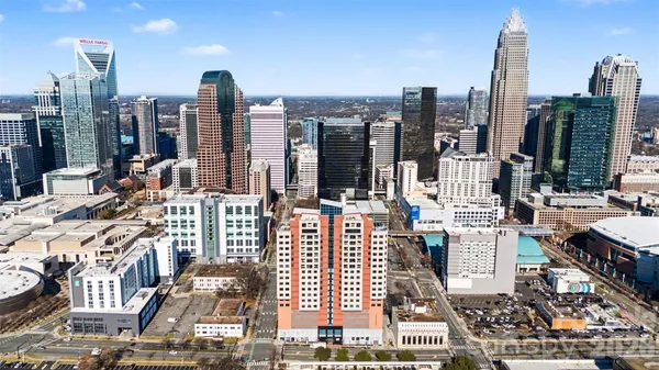a city view with tall buildings