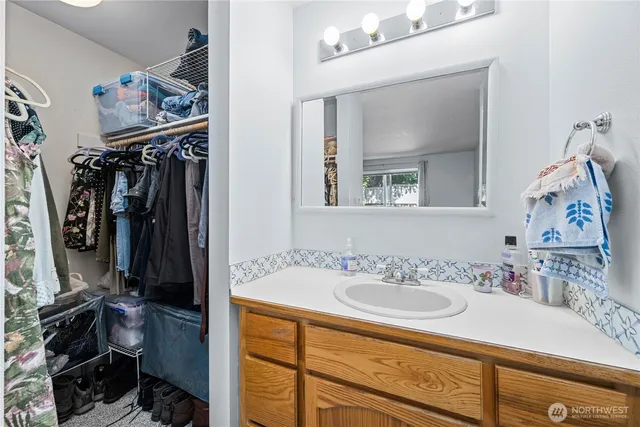 a bathroom with a sink vanity and a mirror