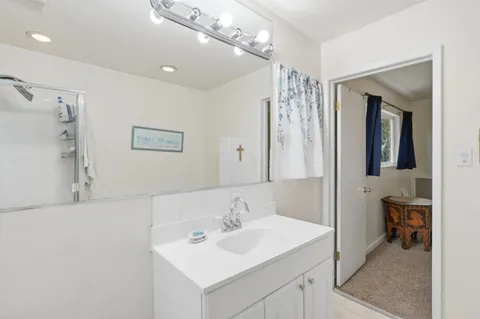 a bathroom with a sink a mirror and a shower