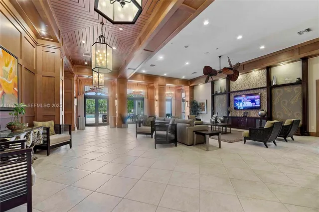 a lobby with furniture