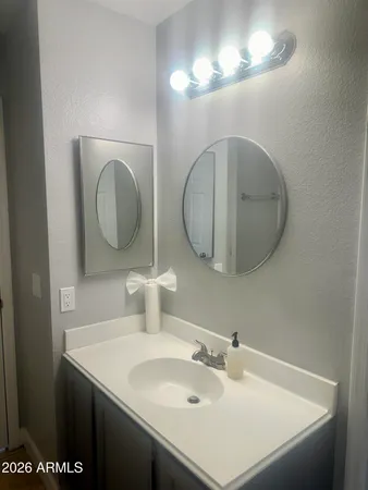 a bathroom with a sink and a mirror