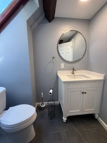 a bathroom with a toilet a sink and mirror