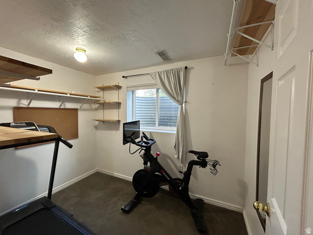 7659 State Street Midvale, UT 84047 - Photo 22 of 33 Exercise room with a textured ceiling and dark carpet