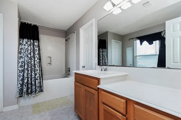 a bathroom with a sink a large mirror and a bathtub