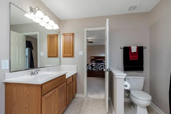 a bathroom with a sink a toilet and a large mirror
