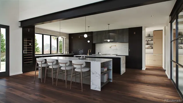 a view of a kitchen with dining room and wooden floor