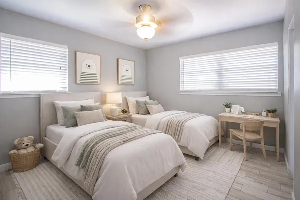 a bedroom with two beds and a chandelier