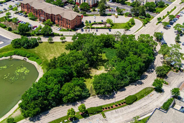 an aerial view of residential houses with outdoor space and street view