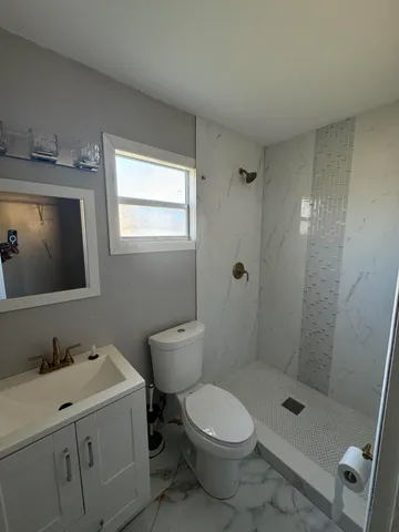 a bathroom with a toilet a sink a mirror and shower