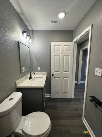a bathroom with a sink a toilet and mirror