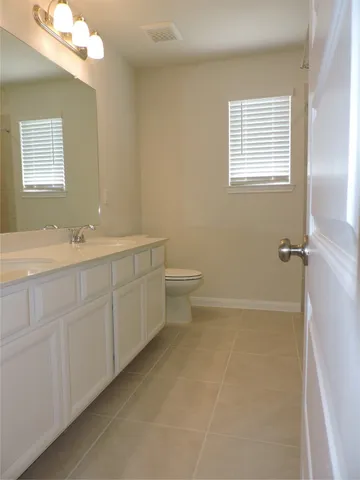 a bathroom with a double vanity sink a toilet and a mirror