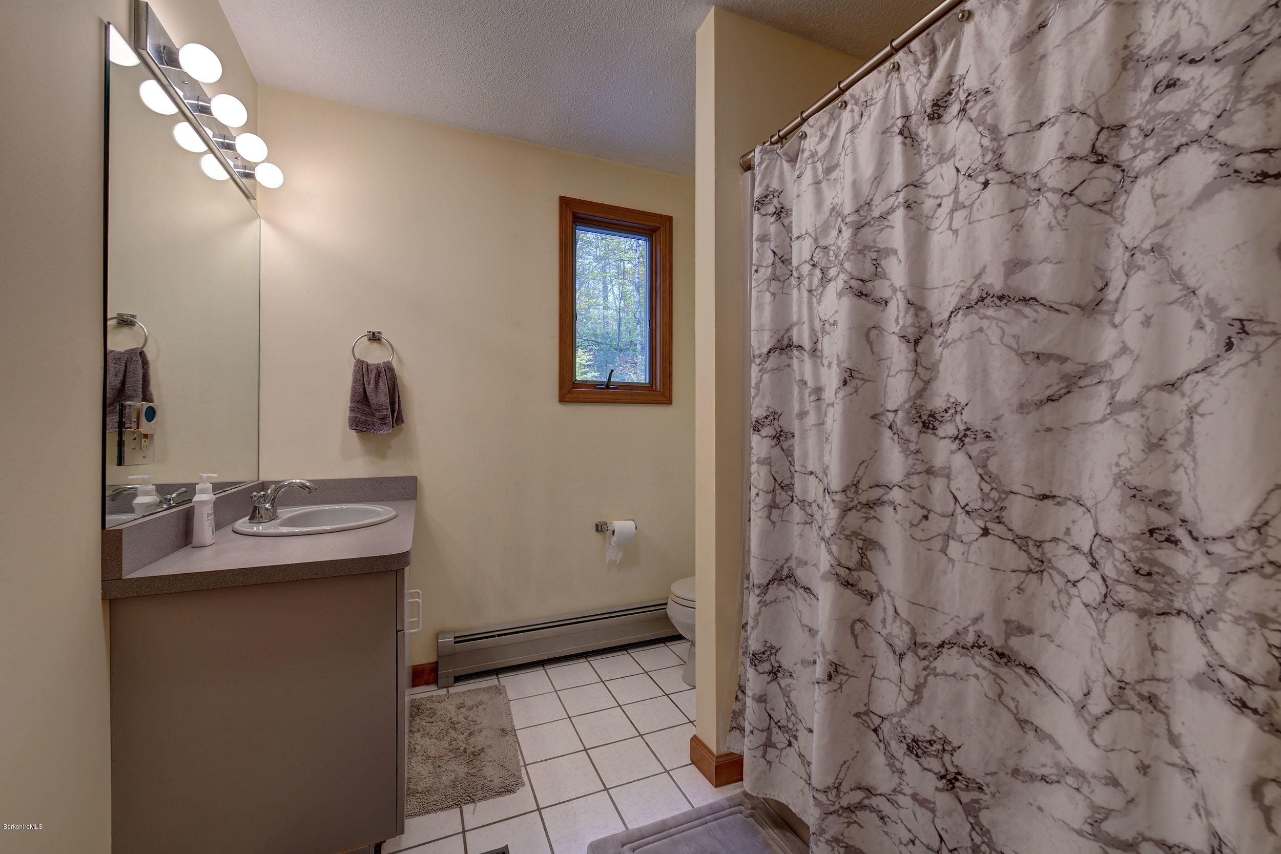 99 Jacobs Hollow Road Becket, MA 01223 - Photo 34 of 39 a bathroom with a granite countertop sink a toilet and a mirror