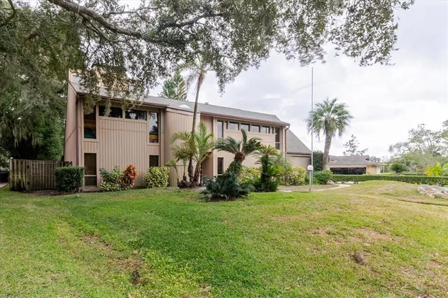 a view of a backyard with plants and a large tree