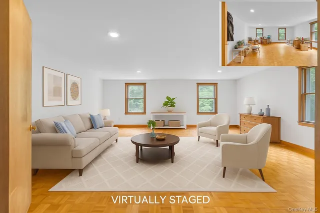 a living room with furniture and a table