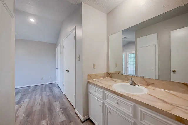 a bathroom with a sink and a mirror