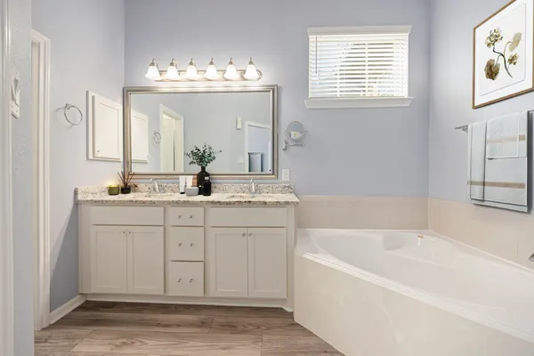 a bathroom with a bathtub a sink and a mirror