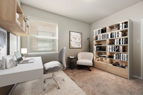 a living room with furniture and a book shelf