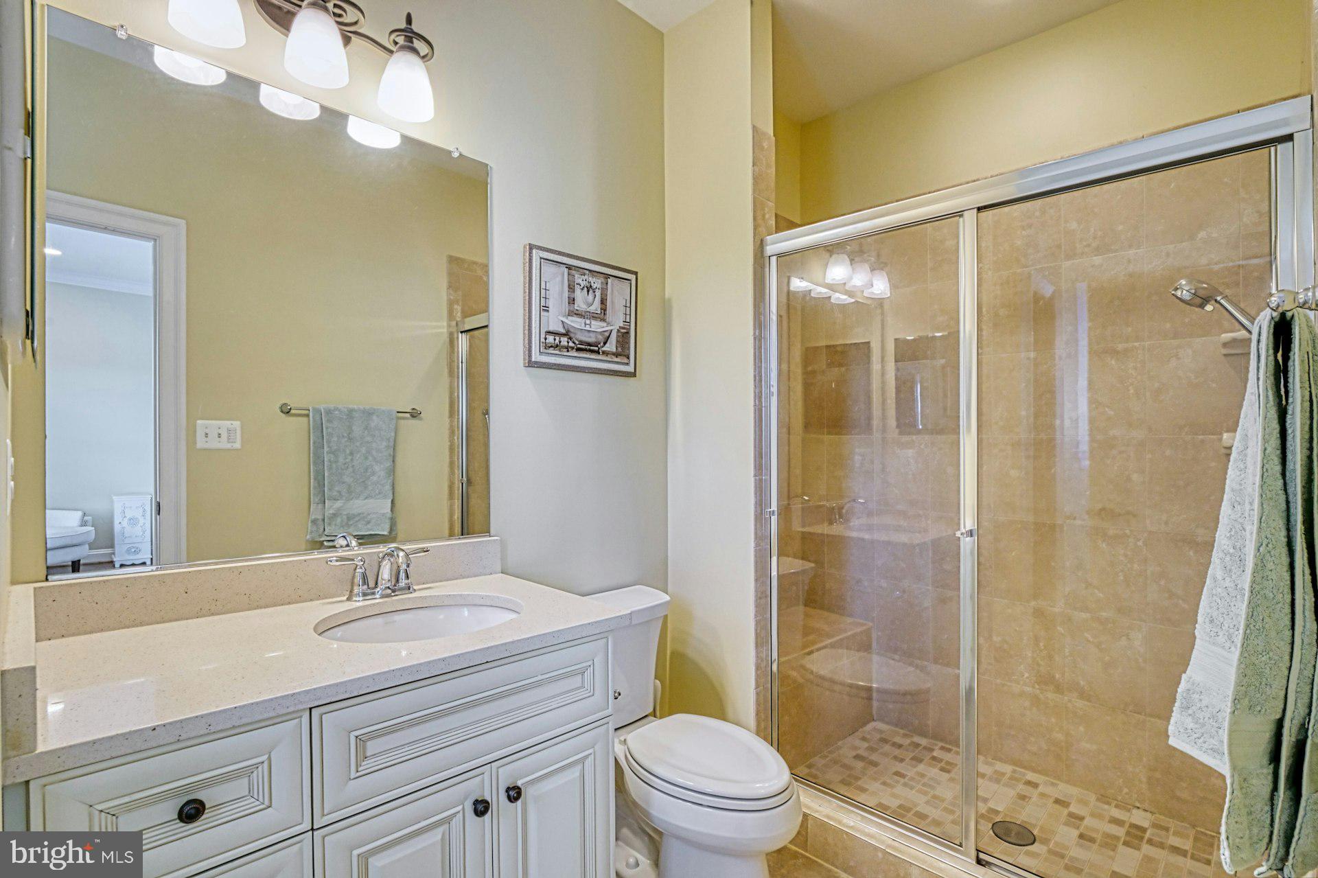 10405 Marbury Road Oakton, VA 22124 - Photo 40 of 72 a bathroom with a granite countertop sink a toilet a mirror and shower
