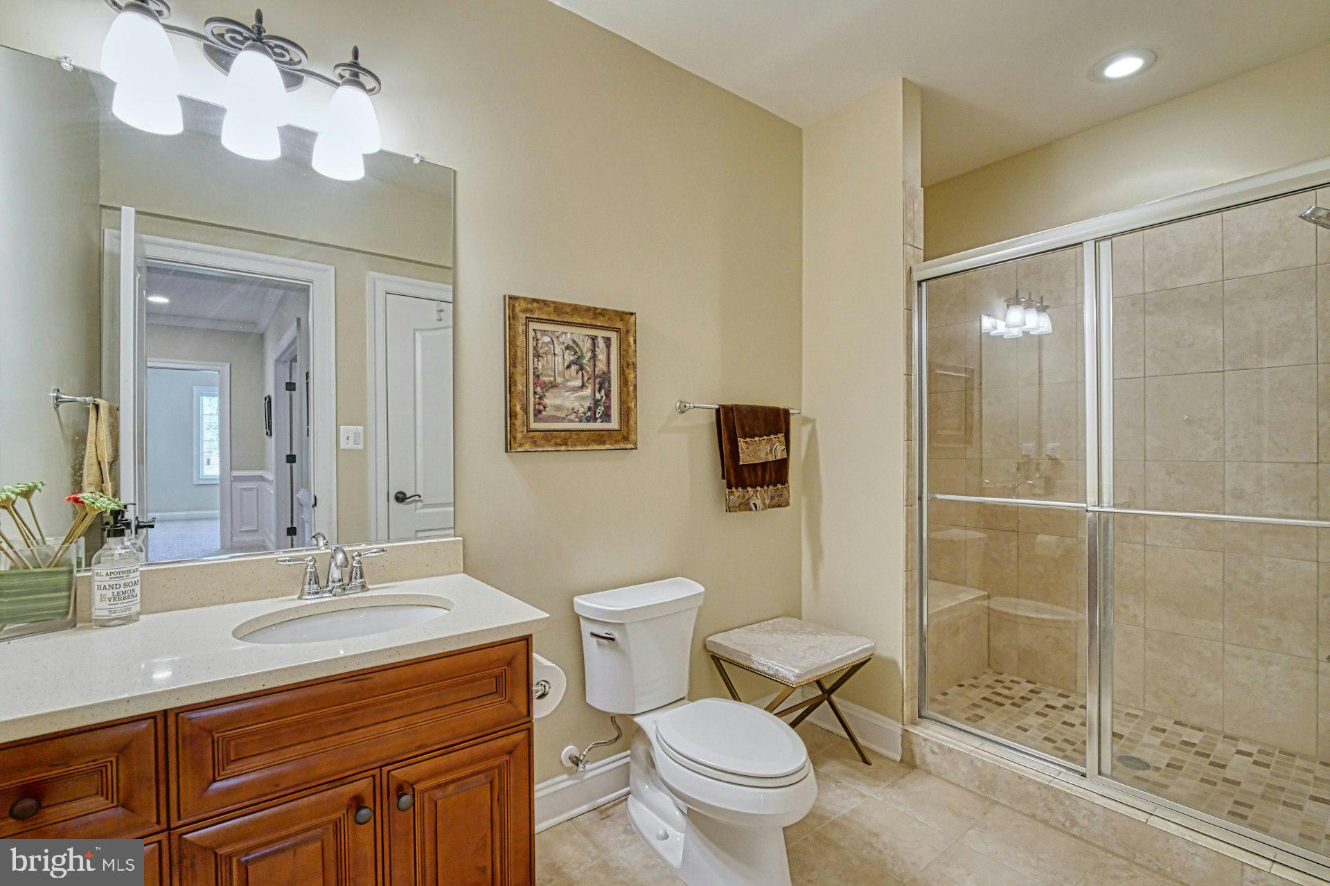 10405 Marbury Road Oakton, VA 22124 - Photo 57 of 72 a bathroom with a granite countertop sink a toilet a mirror and shower
