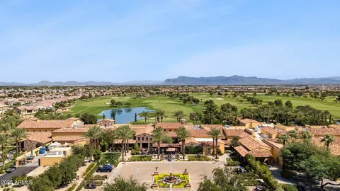 an aerial view of a building with outdoor space