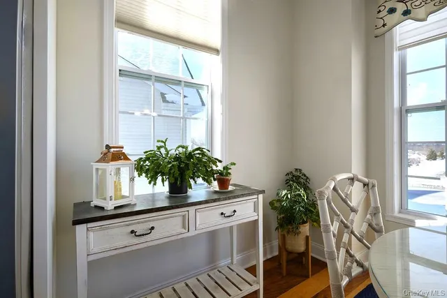 a dining table with a potted plant on a counter and a window