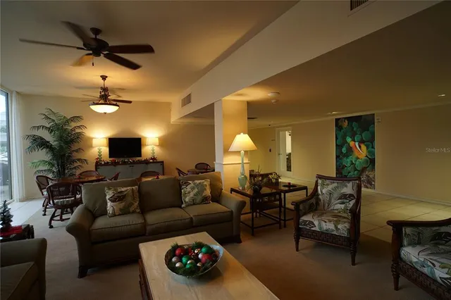 a view of a dining room with furniture