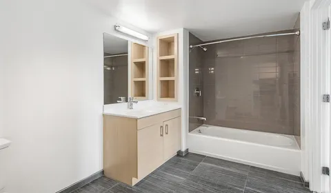 a bathroom with a bathtub a mirror a shower and vanity