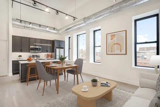 a view of a dining room with furniture