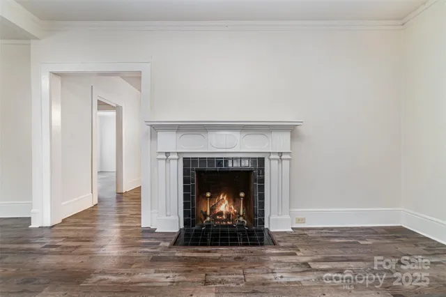 a living room with a fireplace