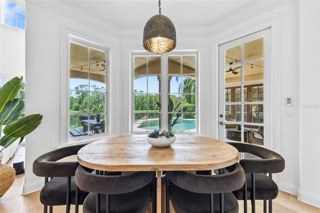 a view of a dining room with furniture window and outside view