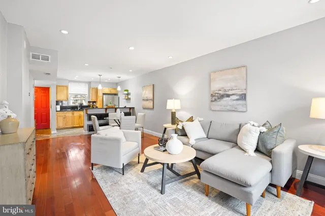 a living room with furniture or kitchen view and a wooden floor