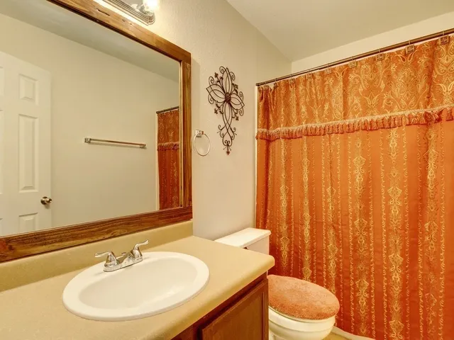 a bathroom with a sink a toilet and shower curtain