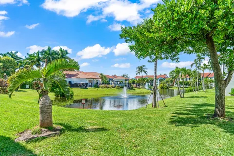 a view of a garden with a lake