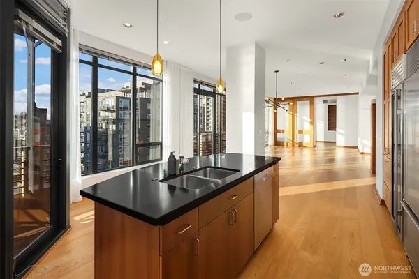 a kitchen with counter top space