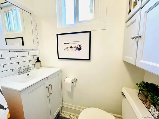 a bathroom with a sink mirror and toilet