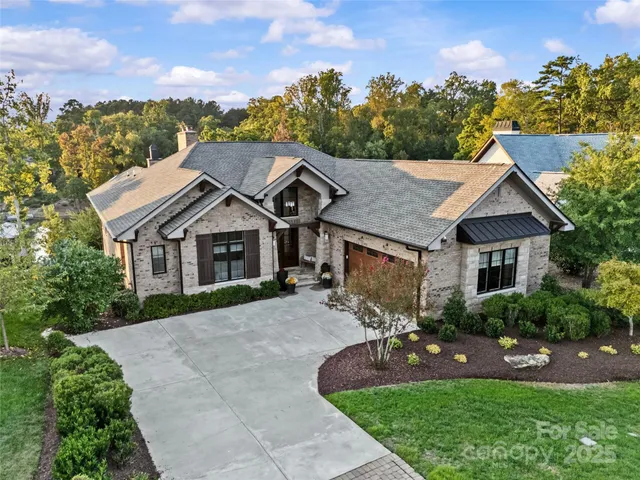 a aerial view of a house with a yard and potted plants