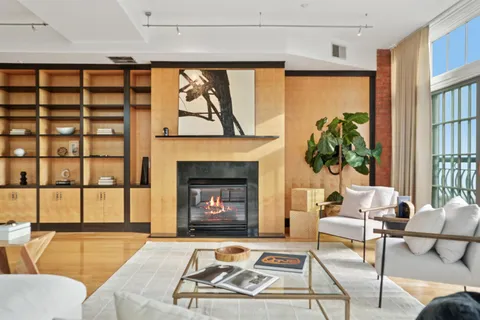 a living room with furniture a bookshelf and a fireplace