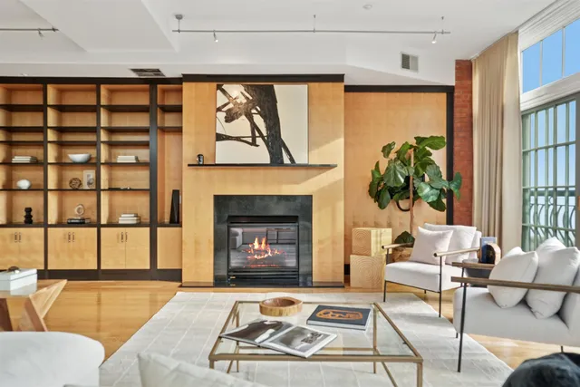 a living room with furniture a bookshelf and a fireplace